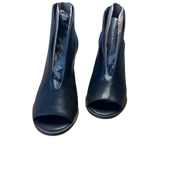 Lucky Brand Size 9 Ankle Leather Halo Peep Toe Booties Chunky Wooden Heel - Picture 3 of 9